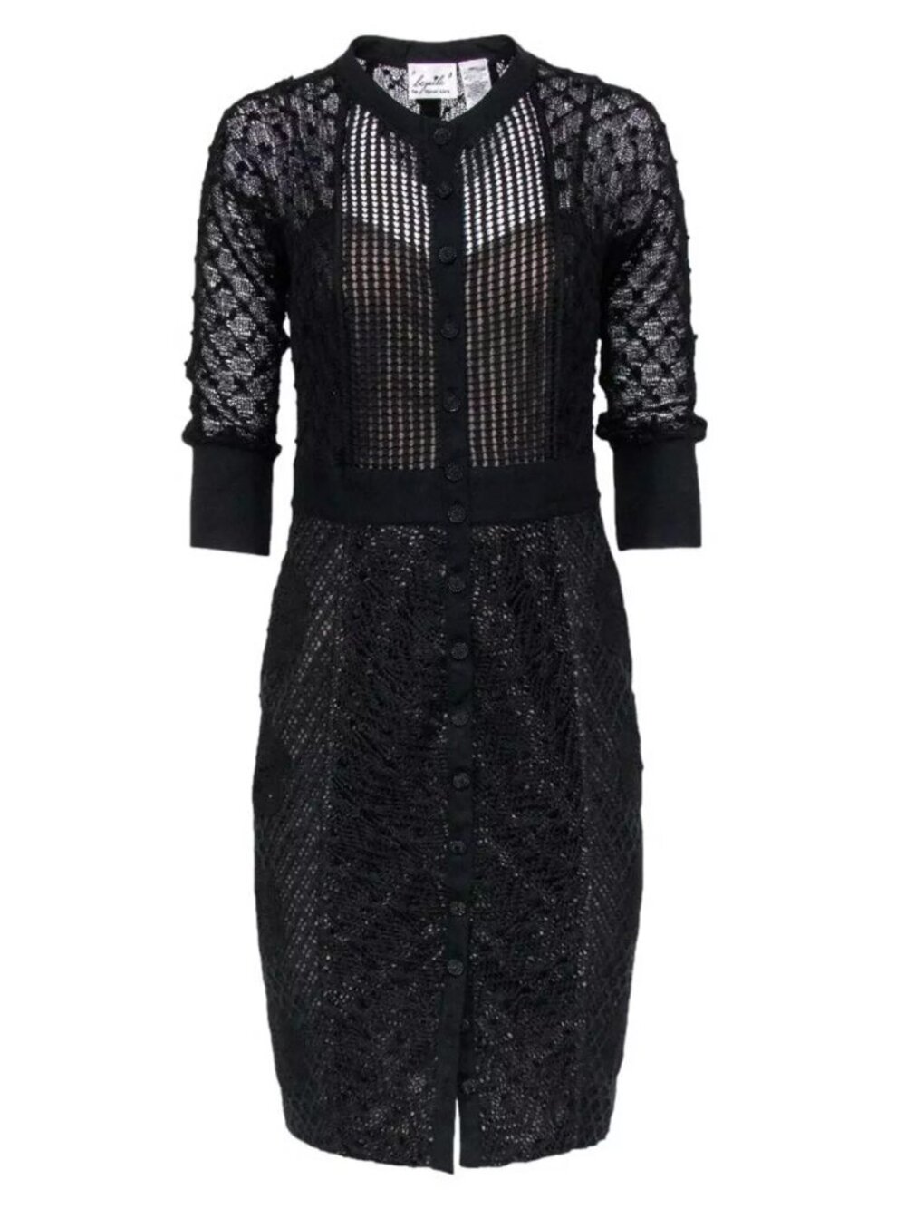 Beguile by Byron Lars Mona Black Crochet Lace Sweater Knit Button Front Dress, 0